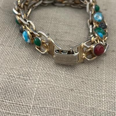 Gold tone colorful gems/stone chain bracelet