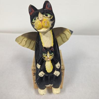 Vintage Wooden Angel Black Cat With Wings Shelf Sitter