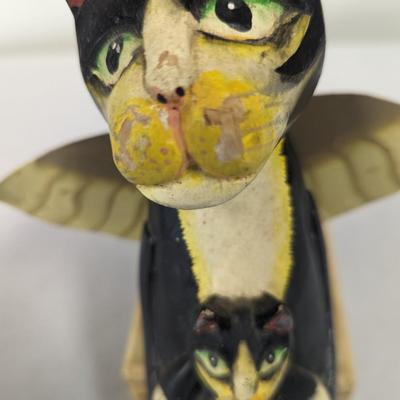 Vintage Wooden Angel Black Cat With Wings Shelf Sitter