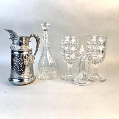 1056 Antique Glassware, Cruet, Vases, Decanter, Victorian Silverplate Pitcher