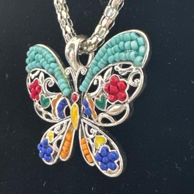 silver toned Mesh chain with Enamel glass beaded butterfly pendant