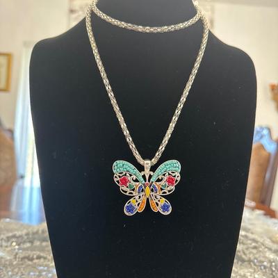 silver toned Mesh chain with Enamel glass beaded butterfly pendant