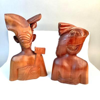 1066 Pair of Vintage Indonesian Carved Wood Busts of Man and Woman