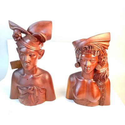1066 Pair of Vintage Indonesian Carved Wood Busts of Man and Woman