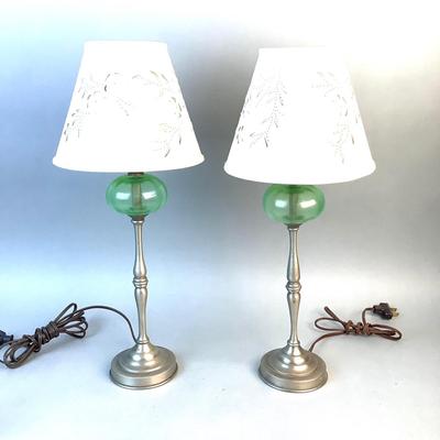 1068 Pair of Vintage Pewter and Green Glass Candlestick Lamps