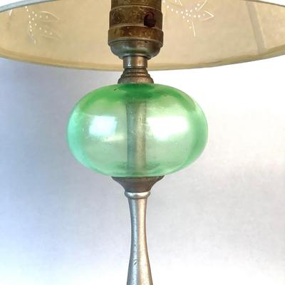 1068 Pair of Vintage Pewter and Green Glass Candlestick Lamps