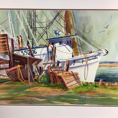 1072 Original Framed Watercolor of work boat by Peggy Blades
