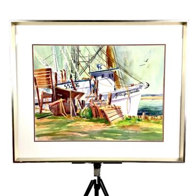1072 Original Framed Watercolor of work boat by Peggy Blades