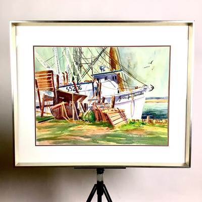 1072 Original Framed Watercolor of work boat by Peggy Blades