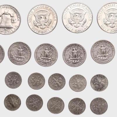 US COINS lot of 28 1950s-1960s Benjamin Franklin’s 50c George Washington 25c Kennedy half dollars 156 grams Good