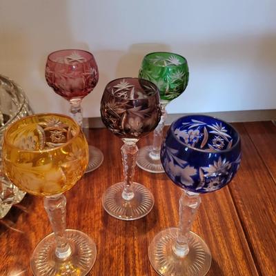 BOHEMIAN COLORED STEMMED GLASSWARE AND GORHAM CRYSTAL SERVING BOWL