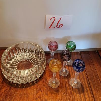 BOHEMIAN COLORED STEMMED GLASSWARE AND GORHAM CRYSTAL SERVING BOWL