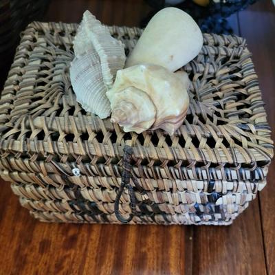 METAL BASKET W/MARBLE EGGS, HAND WOVEN BASKET, PEWTER PIG AND WEAVED BOX