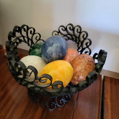 METAL BASKET W/MARBLE EGGS, HAND WOVEN BASKET, PEWTER PIG AND WEAVED BOX