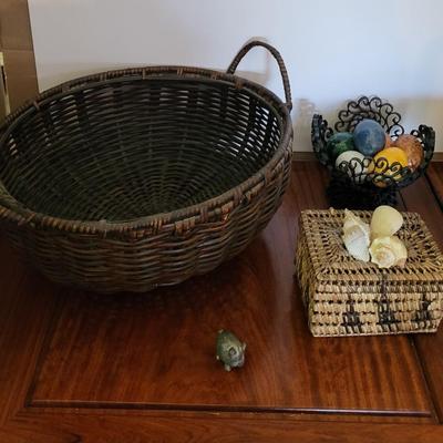 METAL BASKET W/MARBLE EGGS, HAND WOVEN BASKET, PEWTER PIG AND WEAVED BOX