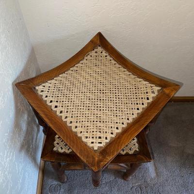 ORNATE METAL WALL ART FROM THE PHILIPPINES AND WOODEN STACKING STOOLS WITH WOVEN TOPS