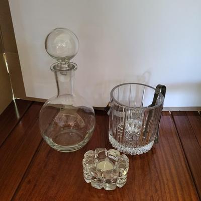 GLASS DECANTER, ICE BUCKET AND VOTIVE CANDLE HOLDER