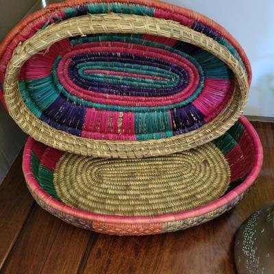 COLORFUL HAND WOVEN BASKET W/LID, CARNIVAL GLASS CANDY DISH AND BRASS BISCUIT JAR