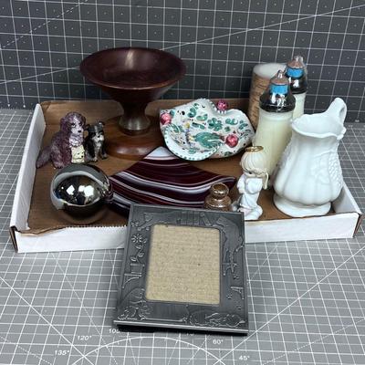 Tray of Decorative Items; Miniatures, Frames, sm. Pitcher