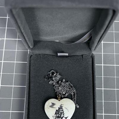 Scrimshaw Heart Pendant with a Ship and a Whale Tale 
