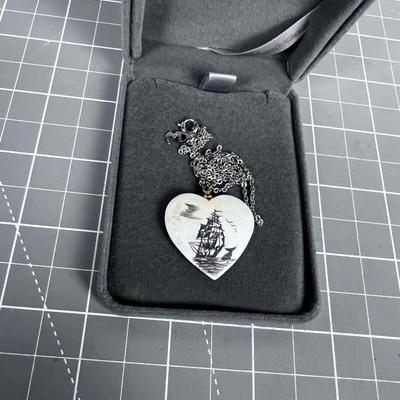 Scrimshaw Heart Pendant with a Ship and a Whale Tale 