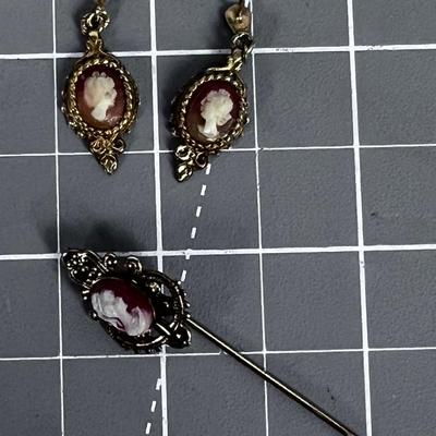 (3) Cameo Earrings and Stick Pin 