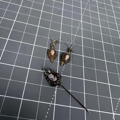 (3) Cameo Earrings and Stick Pin 
