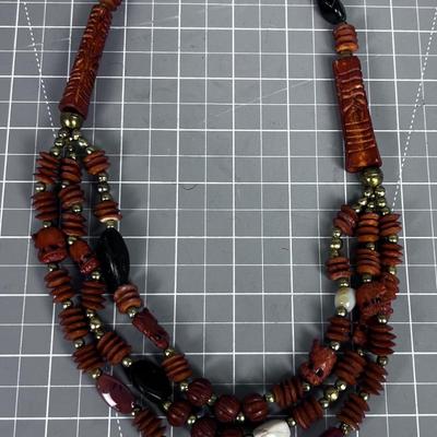 Carved African Wood Necklace with Awesome Stone