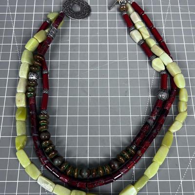 Large Heavy Stone Necklace (Prehnite and Red Jasper MAYBE??) NICE!!!!