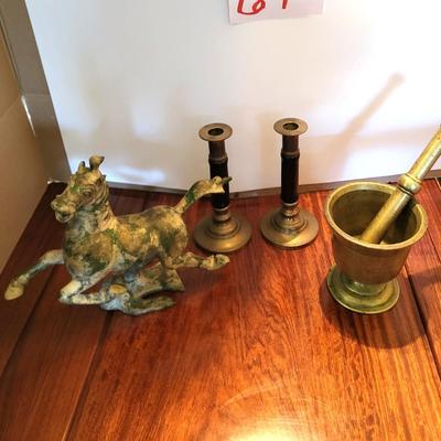 BRASS PESTLE AND MORTAR, CANDLESTICKS AND CAST HORSE