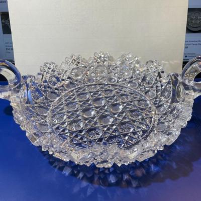 Antique American Brilliant Period ABP Hand Cut Glass Crystal Double Handled Bowl in Fair-Good Condition w/Couple of Minute Rim Flecks.