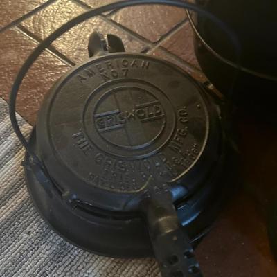 Cast iron kettle and Vintage Griswold #7 Cast Iron Waffle Iron