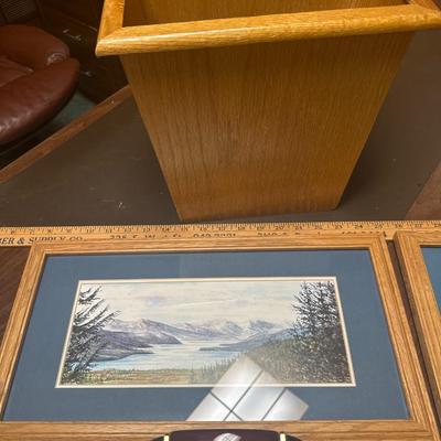 office supplies, art work, trash can