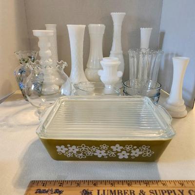 Pyrex Spring Blossom Refrigerator Dish with Lid, Avocado Green, and glass lot