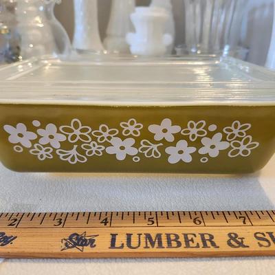Pyrex Spring Blossom Refrigerator Dish with Lid, Avocado Green, and glass lot