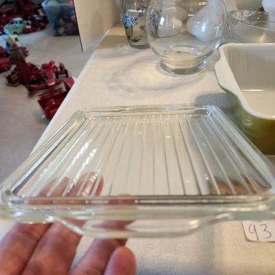 Pyrex Spring Blossom Refrigerator Dish with Lid, Avocado Green, and glass lot