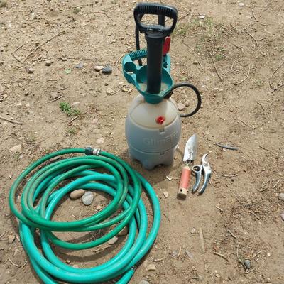 GILMOUR SPRAYER-HOSES-SHEERS AND HAND TROWEL
