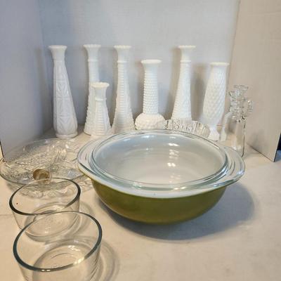 vintage pyrex green casserole dish with lid and Glass lot