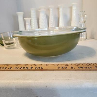vintage pyrex green casserole dish with lid and Glass lot
