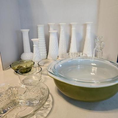 vintage pyrex green casserole dish with lid and Glass lot