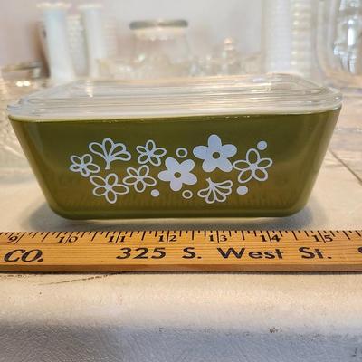 Vintage Pyrex Spring Blossom Flower Milk Glass Refrigerator Container with lid Retro Mid Century and glass lot