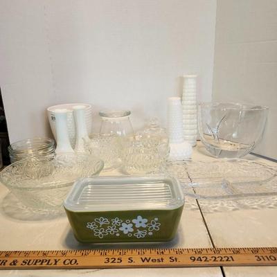 Vintage Pyrex Spring Blossom Flower Milk Glass Refrigerator Container with lid Retro Mid Century and glass lot