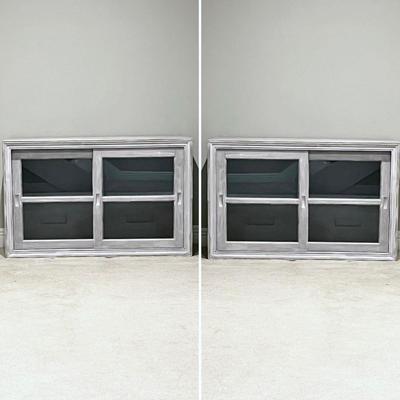 Pair (2) ~ Gray Distressed Stackable Cabinets With Sliding Glass Doors