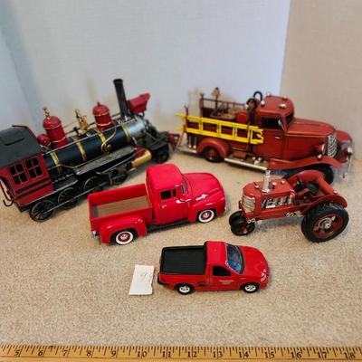Five Metal Rustic Vehicles Truck, locomotive ,fire engine, tractor, Classic Home Decor