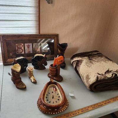 Cowboy house decor lot including Blanket, and clock
