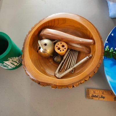 Christmas lot with thrown blankets and Bin