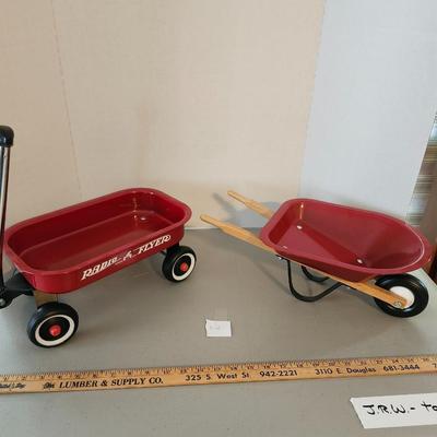 Home Decor mini Red Radio Flyer wagon and wheel barrel