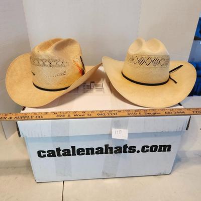 two natural colored straw cowboy hat, Stetson and Resistol Size 7 1/3 with box