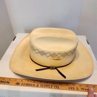 two natural colored straw cowboy hat, Stetson and Resistol Size 7 1/3 with box