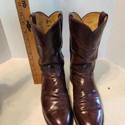 Three pair of Cowboy boot and wooden boot jack